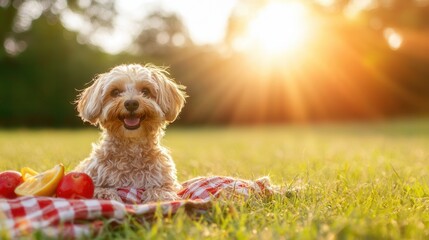 international dog day. Happy dog sitting on a picnic blanket during sunset outdoors.