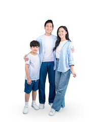 Fototapeta premium A happy family of three smiling and looking at the camera on a white background