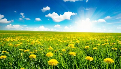 Fototapeta premium Beautiful meadow field with fresh grass and yellow dandelion flowers in nature against a blu.jpg