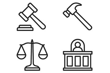Law and construction symbols: gavel, hammer, scales, courtroom icon set