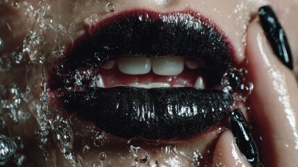 Obraz premium Sexy Vampire Woman lips with blood,Dripping blood on mouth, witches or beast creatures,female lips with fangs,horror holiday monsters,Vampire makeup Fashion Art design,Halloween banner background.