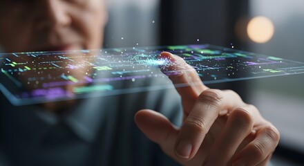 Focused businessman interacts with a transparent holographic interface, touching the screen with his finger, displaying data visualizations and creating a futuristic and modern technological concept.