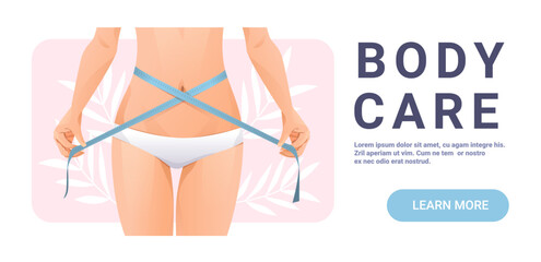 Body care slim waist measuring tape fitness concept woman in underwear holding tape around hips pastel background health wellness landing page