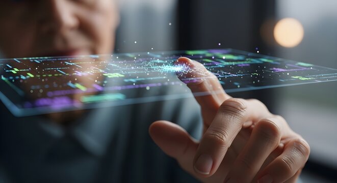Focused businessman interacts with a transparent holographic interface, touching the screen with his finger, displaying data visualizations and creating a futuristic and modern technological concept.