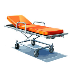 Illustration of a hospital gurney, depicting medical emergency and healthcare with metal frame and orange padding, on black.
