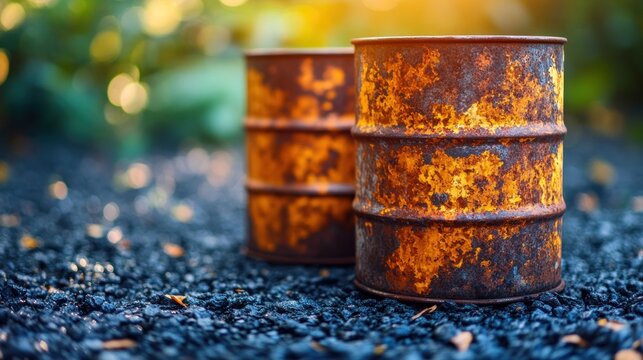 Two rusty oil drums on dark gravel - Powered by Adobe