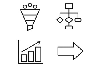Simple icons of funnel, flowchart, graph, and arrow for business and data analysis