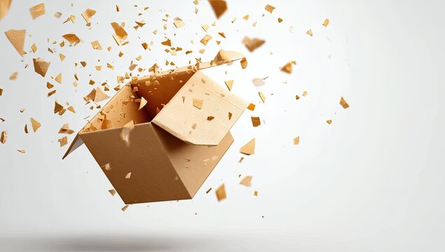 Open cardboard box with pieces flying out