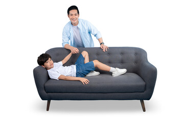 Father and son enjoying quality time together, relaxing on a comfortable sofa. The father smiles lovingly at his son on PNG background