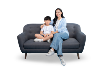 A heartwarming portrait of a mother and child, sitting close together and radiating joy, captured on PNG background