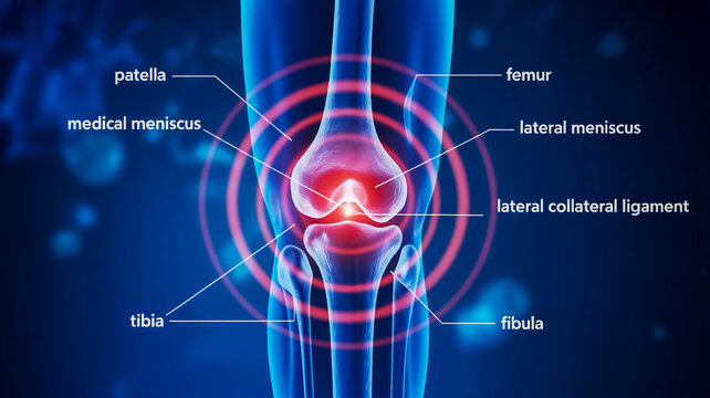 Detailed 3d medical illustration of a human knee joint highlighting pain and anatomical structures with labels