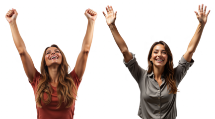 Successful Women Celebrating Victory with Arms Raised - Isolated Portrait on White Background for Business Achievement, Success Concepts and Motivational Content