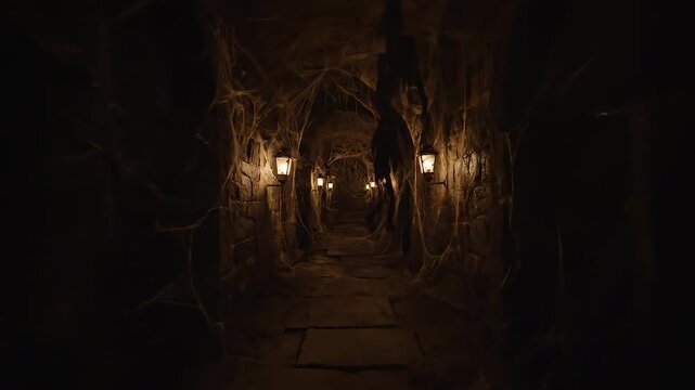 Slow Journey Through a Spooky, Cobweb-Covered Dungeon Corridor Lit by Ancient Lanterns.