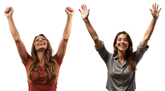 Successful Women Celebrating Victory with Arms Raised - Isolated Portrait on White Background for Business Achievement, Success Concepts and Motivational Content
