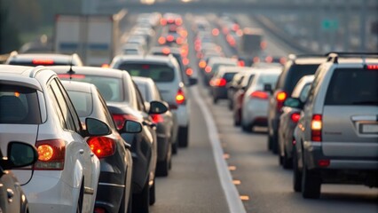 Vehicles tightly packed on highway — close view showing crowded lanes and brake lights