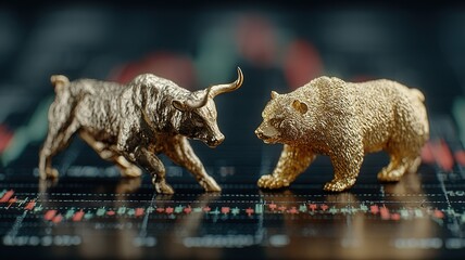 "Financial Freedom Concept! Gold Bull & Bear on Stock Chart Wallpaper, Bright Daylight Ultra-Realistic 4K Design Asset"
