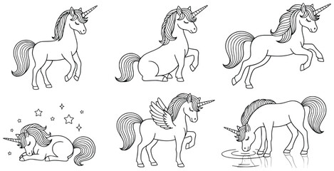 Unicorn coloring page illustration set featuring six cute unicorns in different poses including flying sitting sleeping and drinking created in vector outline © Crafter