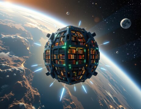 a library in orbit with encrypted archives, glowing knowledge streams secured by ai, transparent structures, cosmic background, cinematic lighting, ultra sharp visuals