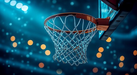 Close up of a basketball hoop and net against a blurred blue background with bokeh lights