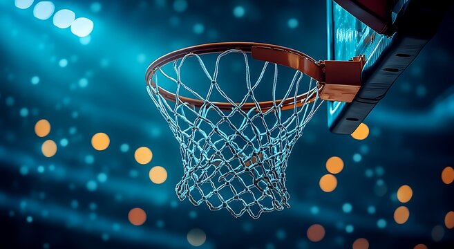Close up of a basketball hoop and net against a blurred blue background with bokeh lights