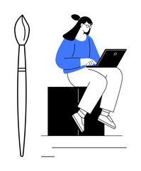 Woman in casual attire using a laptop while sitting on a block, paired with a brush as a creative motif. Ideal for creativity, digital work, education, self-learning, online content, design thinking