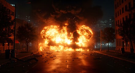 Fototapeta premium Explosive Fireball Explosion on Urban Street at Night with Fire and Smoke