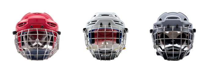 Hockey gear display sports shop helmet collection front, isolated on transparent background, png set