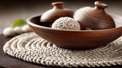 Earthy Still Life with Pottery and Woven Textiles