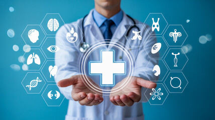 Doctor presenting a digital health interface with medical icons and a glowing cross symbolizing care and innovation