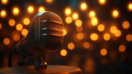 Vintage microphone on stage, warm lights