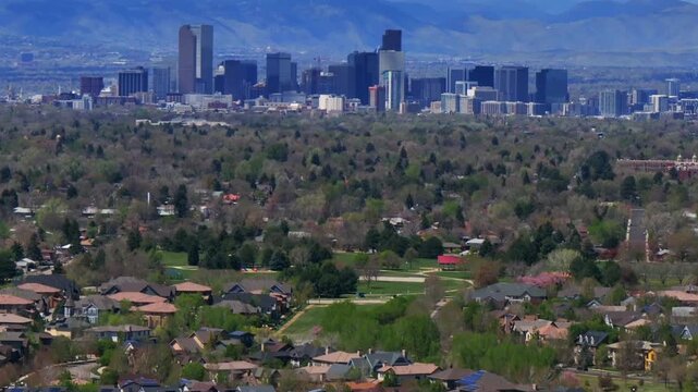 Downtown Denver skyscraper front range foothills landscape view aerial drone Colorado Northfield Stapleton Central Park spring morning rain clouds sun cityscape Capitol building forward pan up motion