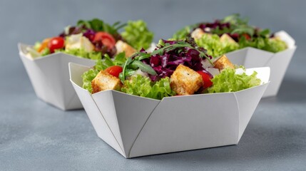 Crisp croutons and vibrant greens frolic in white boxes, whispering picnic dreams, Vegan Oktoberfest delight, urban foraging