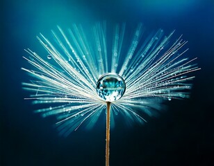 Obraz premium Beautiful shiny dew water drop on dandelion seed in nature macro. Soft selective focus, spar.jpg