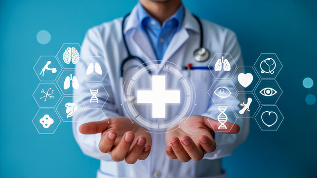 Doctor offering modern healthcare services with digital medical icons and a glowing cross symbol - Powered by Adobe