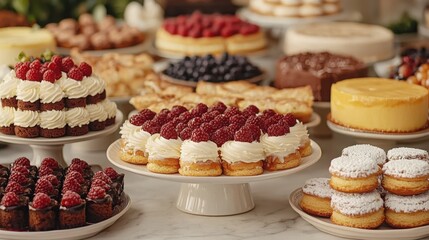 Irresistible Desserts Concept. Exquisite Display of Various Scrumptious Desserts and Pastries on Elegant Table Setup