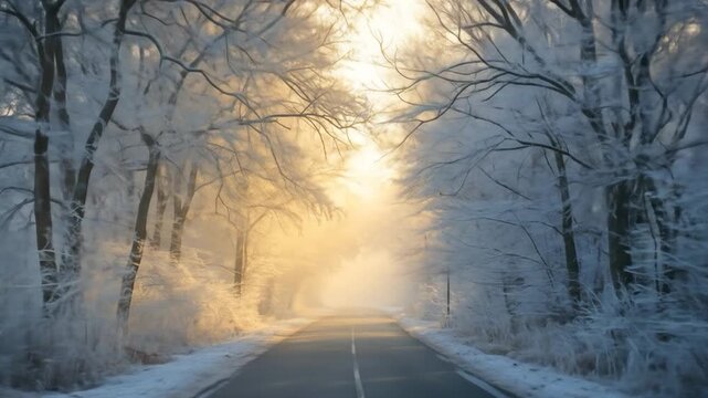 Winter road under trees covered with frost and mist landscape scenery