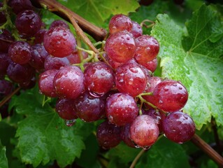 Fototapeta premium Dew-Kissed Grapes: Plump and Juicy Cluster on Lush Green Vines