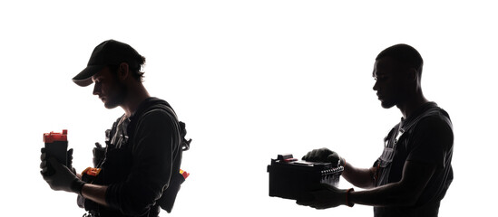 Workers handling equipment industrial site silhouette action, isolated on transparent background, png set