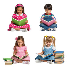 Four diverse young children sitting cross legged reading books with focused expressions isolated on transparent background