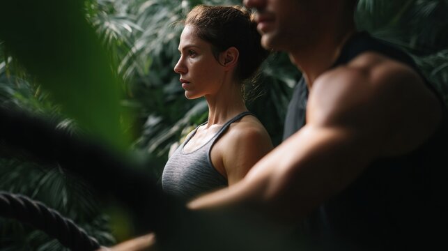 Focused duo of diverse heritage in verdant jungle workout, embodying Earth Day vigor and mystic fitness rites - Powered by Adobe