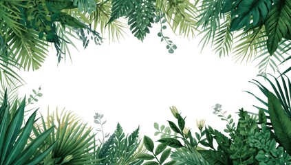 A vibrant, lush border of tropical foliage creates a striking visual frame against a clean white background.