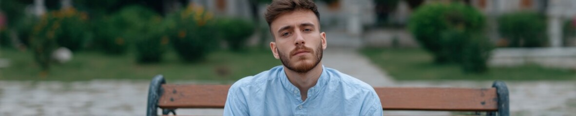 Fototapeta premium A contemplative Caucasian man in serene park ambiance captures stoic solitude for World Philosophy Day reflection
