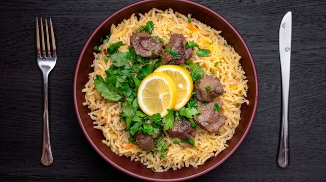 Rich lamb pilaf adorned with lush parsley and bright lemon, perfect for Navroz celebration and Middle Eastern culinary delight