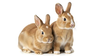 Obraz premium Two Adorable Brown Rabbits Huddled Together Against White Background