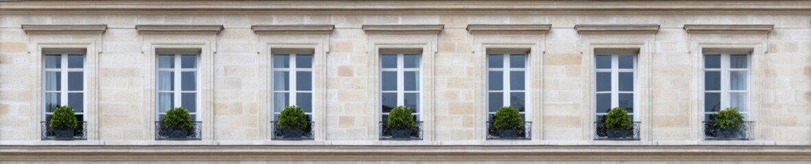Symmetrical French facade with lush window gardens, echoing Bastille Day's structured elegance and European Urban Gardening celebration