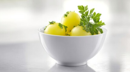 Yellow melon balls nestled with parsley in a pristine bowl, evoking Litha feasts and culinary wizardry in summer solstice