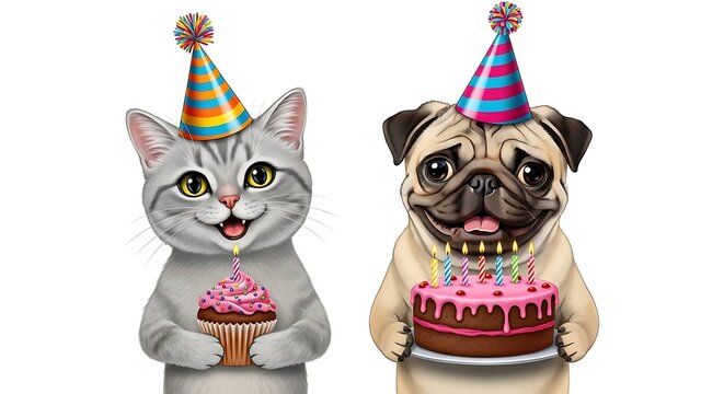 Whimsical Birthday Celebration: Cartoon Cat and Pug with Cakes and Party Hats