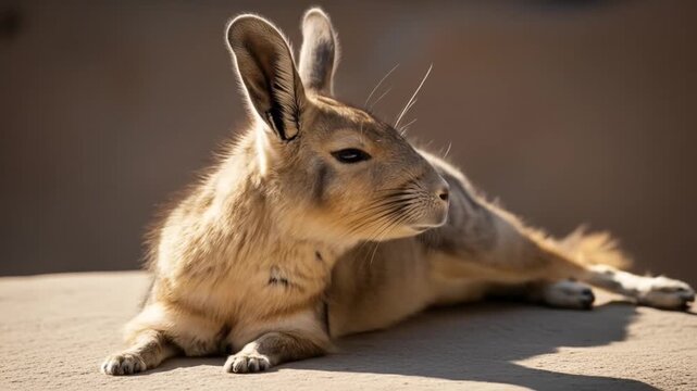 Tan Patagonian Mara Resting on Sandy Surface with Soft Lighting and a Smooth Brown Background