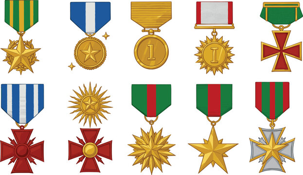Collection of military medals and decorations, golden stars and crosses, award ribbons, service honors, bravery and valor symbols, vintage military insignias, recognition badges, achievement medals