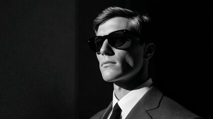 Fototapeta premium In a noir-inspired chiaroscuro scene, a mysterious Caucasian man in sunglasses embodies espionage intrigue and Secret Agent Day vibes